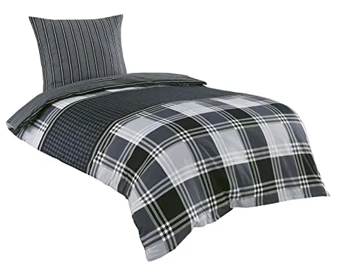 Leonado Vicenti 2 TLG Baumwolle Renforce Bettwäsche 135x200 cm Garnitur Set Schwarz Grau Kariert mit Wendefunktion Ramos