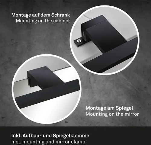 Briloner LED Spiegelleuchte 8 W schwarz - Wandleuchte mit IP44 Schutzart, ideal für das Badezimmer. Perfekte Lichtverhältnisse für Make-Up und Rasur dank 780 Lumen und 4000K neutralweißem Licht.