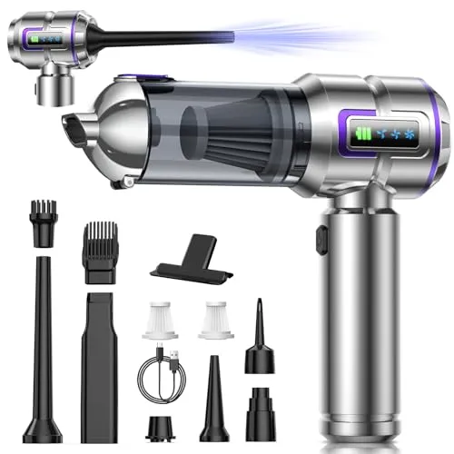 botatio Handstaubsauger, 25000Pa 4-in-1 mit Display & 1‑Knopf‑Selbstentleerung, 3‑Stufiger Bürstenloser Motor Handstaubsauger Akku für Haus/Auto/Haare, Silbern