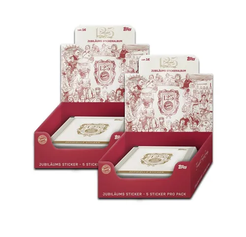 Topps Sammelkarte FC Bayern München - 125 Jahre - 2 Displays (60 Tüten) - Entdecken Sie die limitierte Serie Topps 125 Jahre FC Bayern München mit 2 Displays à 30 Tüten. Jede Tüte enthält 5 exklusive Sticker. Perfekt für Sammler und Fans!