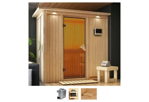 Karibu Sauna Vada 210x132x202 cm, 68 mm, Ofen 9 KW extern - Genießen Sie Ihre persönliche Sauna für entspannende Momente. Mit hochwertiger Verarbeitung und einem externen Steuergerät bietet diese Sauna Komfort und Flexibilität für individuelle Entspannung.