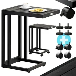 Beistelltisch Schwarz WPC 65,5x50x40cm - Moderner Couchtisch mit C-förmigem Stahlgestell, wetterfest und mobil. Ideal für Innen und Außen, mit Rollen oder höhenverstellbaren Füßen für flexible Nutzung.