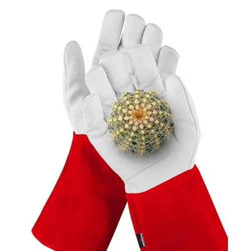 NoCry dornensichere und stichfeste Gartenhandschuhe aus Leder mit extra langem Unterarm-Schaft, verstärkten Handflächen und Fingerspitzen, Größe L, 1 Paar