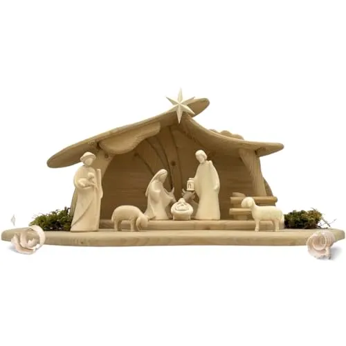 Akantus Leonardo Weihnachtskrippe aus Holz: 8er Set mit Stall HL.Nacht groß Natur (10 cm)