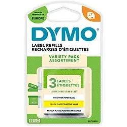 Dymo LT S0721790 / 91240 Authentic LetraTag Schriftband Selbstklebend Gelb, Silber, Weiß 12 mm x 4m Pack 3