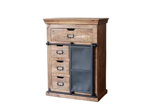 Baario Kommode SELCE 100cm - Massives Industrial Style Sideboard - Schubladenkommode aus edlem Mangoholz, handgefertigt mit einzigartiger Maserung. Ideal für eine warme Atmosphäre, bietet 4 Schubladen für viel Stauraum und besticht durch seine Langlebigkeit und Stabilität.
