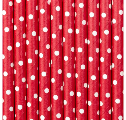 partydeco Trinkhalme, Papierstrohhalme mit Punkten 19cm rot weiß 10er Set