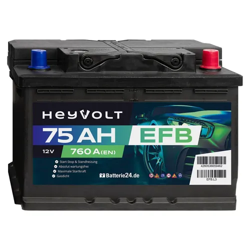 HeyVolt 75Ah 12V 760A/EN EFB Autobatterie Starterbatterie absolut wartungsfrei