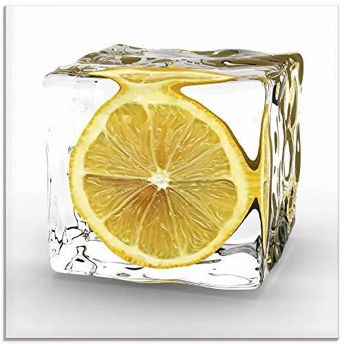 ARTland Wanddeko Glasbilder Wandbild Glas Bild einteilig Quadratisch Obst Früchte im Eiswürfel Cocktails Bar Sommer Zitrone T5XT