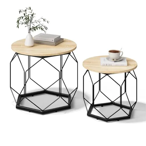 WOLTU Couchtisch 2er Set - Beistelltisch mit runder Tischplatte - Beistelltische fürs Wohnzimmer mit zwei Tischen (40/50 cm Durchmesser) aus hochwertigem Holzwerkstoff und Metallrahmen, ideal für Stauraum und vielseitige Nutzung.