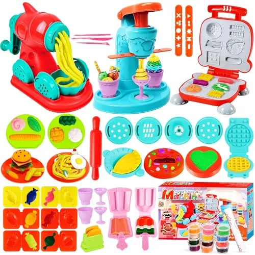 Diealles Shine Knete Set Knetwerkzeug für Kinder, Knete Dough Set, Knetes Zubehör Kitchen Creations, Eismaschine Nudelmaschine Burgermaschine, Spielzeug Geschenk für Jungen und Mädchen ab 3 Jahre