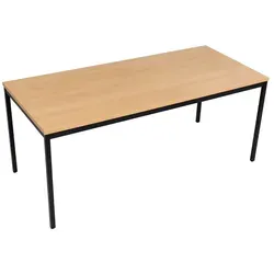 Robuster Mehrzwecktisch 200x80 cm in Buche Nachbildung und Schwarz - Schreibtisch mit stabiler 2,5 cm dicker Tischplatte und pulverbeschichtetem Stahlgestell, ideal für Besprechungsräume oder als Esstisch, einfach aufzubauen und pflegeleicht.