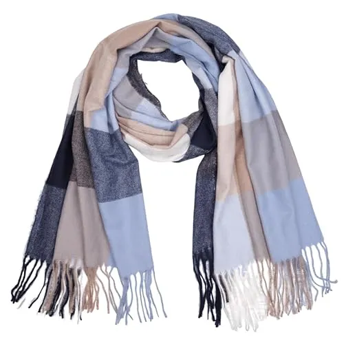 MIRROSI Modeschal weicher und warmer karierter Schal mit Fransen, 70x180cm (Navy)