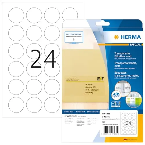HERMA Verschlussetiketten transparent 40 mm - 600 St. - Etiketten aus Folie, ideal zum sicheren Verschließen von Tüten und Verpackungen, wasserfest und langlebig.