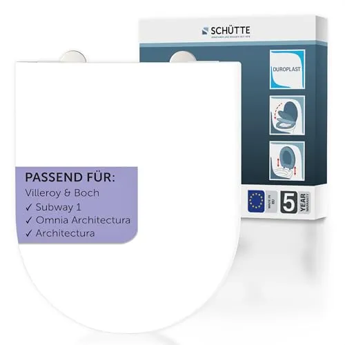SCHÜTTE Duroplast WC-Sitz WHITE, D-Form, PRO 5 mit Absenkautomatik - Hochwertiger WC-Sitz aus bruchsicherem Duroplast mit doppelter Absenkautomatik für geräuschloses Schließen. Ideal für hygienische Reinigung und einfache Montage.