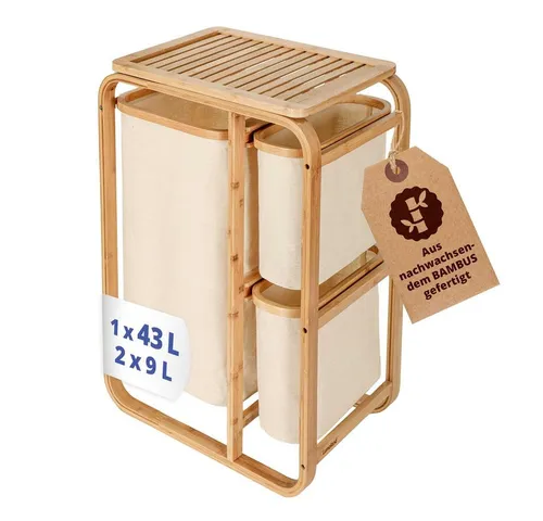 Lumaland Ausziehwäschekorb aus Bambus - 3 Fächer mit Wäschesäcken - Moderner Wäschekorb aus Bambus mit 1 XL und 2 Kompaktfächern, ideal für die einfache Wäschetrennung und Pflegeleicht dank waschbarer Baumwollfächer.