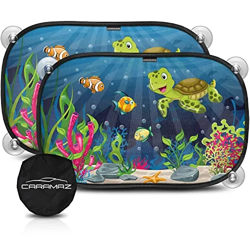 CARAMAZ Sonnenschutz Auto Baby mit zertifiziertem UV Schutz, universell passend 48 x 30 cm, 2 Stück Sonnenblende, mit Saugnäpfen, Motiv: Grün-Turtle