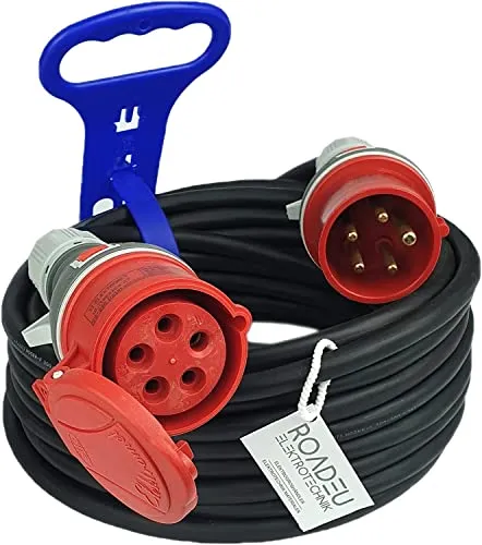 RoadEu - Starkstrom Verlängerungskabel 16A - CEE Verlängerungskabel 20 Meter mit Kabelhalter - Starkstromkabel 16A 380V - 5x2 5mm2 Kabel - 16A CEE Stecker - CEE Steckdose 16A