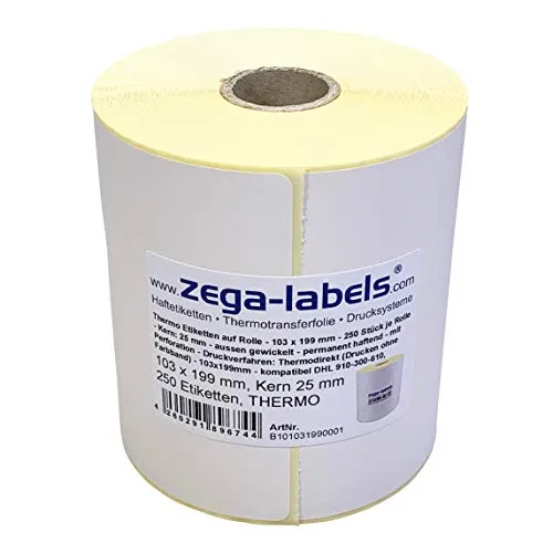 Thermo Etiketten auf Rolle - 103 x 199 mm - 250 Stück je Rolle - Kern: 25 mm - für Versandetiketten DHL - permanent haftend - mit Perforation - Druckverfahren: Thermodirekt (Drucken ohne Farbband)