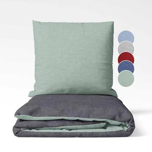 sleepling Biber Bettwäsche, Feinbiber 135 x 200 cm, Wendebettwäsche Salbei-dunkelgrau, 1 Bettbezug und 1 Kissenbezug 80 x 80 cm, Ökotex, waschbar bis 60 Grad