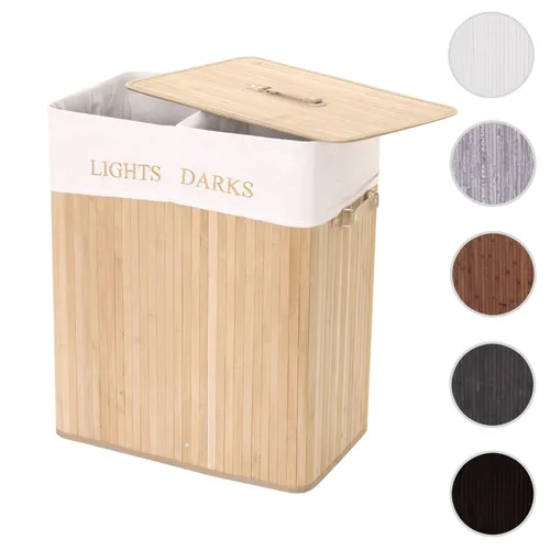 Wäschekorb HWC-C21, Laundry Wäschesammler aus Bambus - Stylischer Wäschekorb mit 2 Fächern und herausnehmbarem Wäschesack, ideal für eine organisierte Wäschetrennung. Robuster Metallrahmen und praktische Tragegriffe sorgen für Stabilität und Komfort.