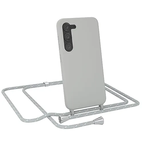 EAZY CASE - Silikon Case mit Kette - kompatibel mit Samsung Galaxy S23 Stoßfest Handyhülle mit Band, Stylische Abnehmbar Necklace als Set in Grau mit Riemen Hellgrau/Weiß Endstücke Silber