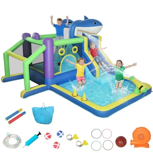 AIYAPLAY Hüpfburg mit Gebläse 8-in-1 aufblasbare Wasserpark mit Hai-Design Wasserrutsche Planschbecken Trampolin Kletterwand Basketballkorb Springburg für 3–8 Jahre für Indoor Outdoor 405x345x235cm