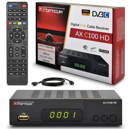 Opticum C100 HD DVB-C Kabelreceiver mit HDMI-Kabel - TV-Receiver mit USB und PVR ready, bietet gestochen scharfe 1080p (FHD) Auflösung für ein optimales Fernseherlebnis.