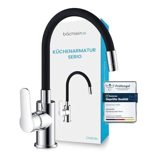 Bächlein Küchenarmatur mit flexiblem Hals - Armaturen für die Küche, 360° schwenkbarer Auslauf für maximale Flexibilität beim Spülen und Kochen, elegantes Design in Schwarz und verchromtem Finish.