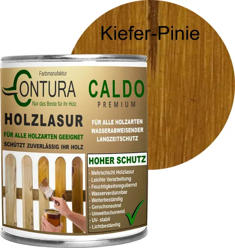 750ml - Holzlasur Dickschichtlasur Set + Pinsel 2in1 Dauerschutzlasur Holzschutz Lasur - 07 Kiefer - Pinie