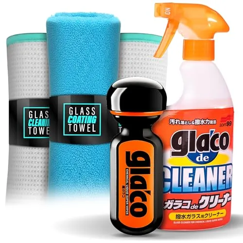 detailmate Autoscheiben Reinigung & Versiegelung Bundle mit Soft99 Produkten - Set mit Soft99 Glaco de Cleaner (400ml) und Ultra Glaco Glasversiegelung (70ml) für streifenfreie Sauberkeit. Enthält hochwertige detailmate Waffeltücher für optimale Pflege und einfache Anwendung.