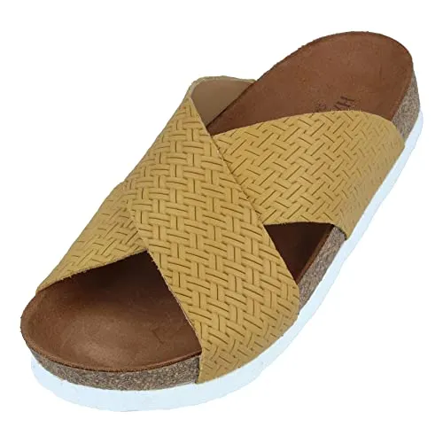 HAFLINGER Bio Mio Leder Pantolette Sandale Unisex Gelb - Komfortabel und Rutschfest, Gr 42 - Bequeme Pantolette mit anatomischem Korkfußbett für optimalen Halt. Offenes Design sorgt für Bewegungsfreiheit, während die rutschfeste Sohle Flexibilität und Sicherheit bietet.