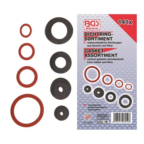 BGS-8059 Dichtring-Sortiment: Gummi & Fiber, 141-tlg.