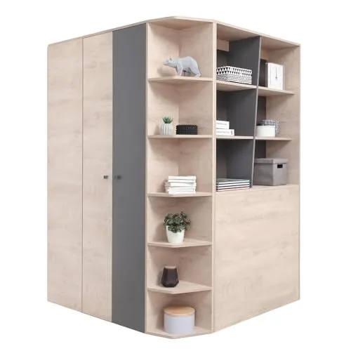 Lomadox Jugendzimmer Kleiderschrank, begehbar, 135cm in Eiche mit anthrazit - Kleiderschränke mit modernem Design und viel Stauraum, ideal für ein stilvolles Jugendzimmer. Begehbar mit 2 Türen, 3 Schubkästen und 14 Einlegeböden.
