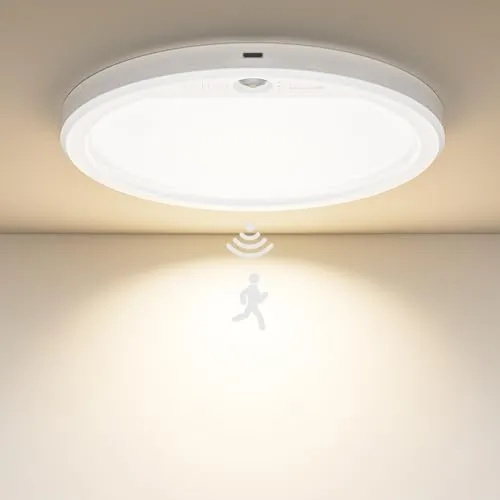 Gaethra Deckenlampe mit Bewegungsmelder Akku 8000 mAh, Kabellose LED Deckenleuchte mit Fernbedienung, Timer, 3 Farbtemperaturen, Dimmbar, für Flur Treppenhaus Garage Keller, Rund