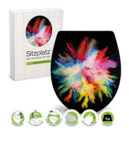 SITZPLATZ® WC-Sitz mit Absenkautomatik, Dekor Farbrausch, High Gloss Toilettendeckel, antibakterieller Duroplast, abnehmbar, Top-Fix Befestigung von oben, Standard O Form, Metallscharniere, 40371 9