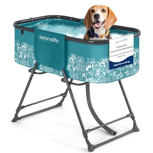 SereneLife Faltbare Hundebadewanne – Erhöhte Badewanne mit 3-Punkt-Gurt