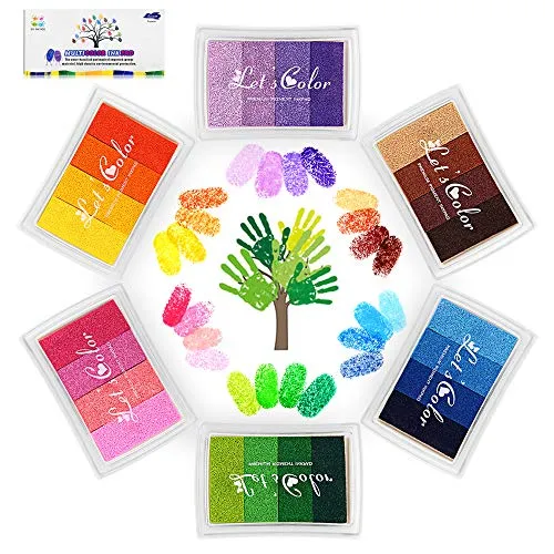 Funxim 24 Farben Stempelkissen Set, Fingerabdruck Stempelkissen Ungiftig Abwaschbar Tinte Stamp Pad für Papier Handwerk Stoff Malerei DIY Geburtstag Geschenk (6 Pack)