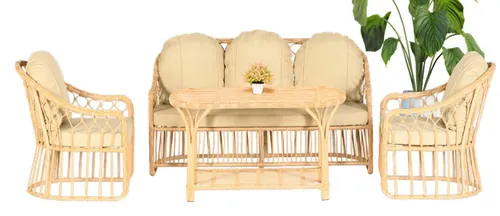 4tlg Moderne Gartenmöbel Sofa Set mit Couchtisch - Elegantes Lounge Set für Garten und Terrasse, bestehend aus einem 3-Sitzer Sofa, zwei Sesseln und einem Couchtisch. Ideal für gesellige Abende im Freien, inklusive bequemer Kissen und stabiler Holz-Rattan-Konstruktion.