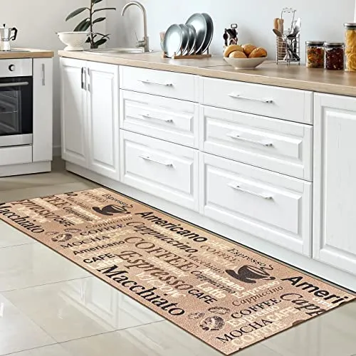 CARPETIA rutschfester Küchenteppichläufer mit Kaffee-Motiv – Beige und Pflegeleicht