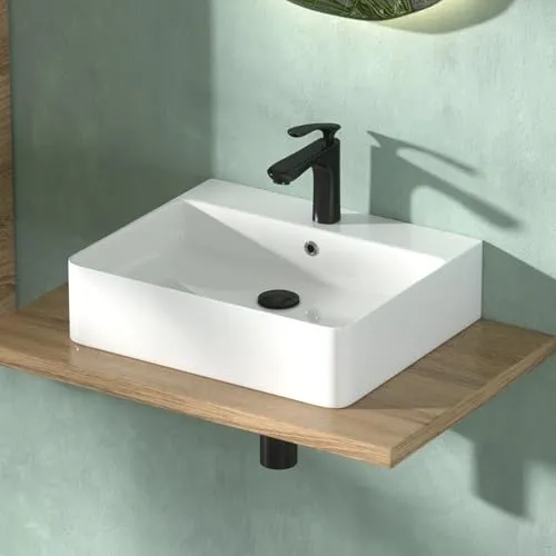 CASAMO Waschbecken 50cm breit, Aufsatzwaschbecken, Hängewaschbecken für Badezimmer, Gäste WC, abgerundet eckig, weiß hochglanz, 50 x 42 x 13 cm