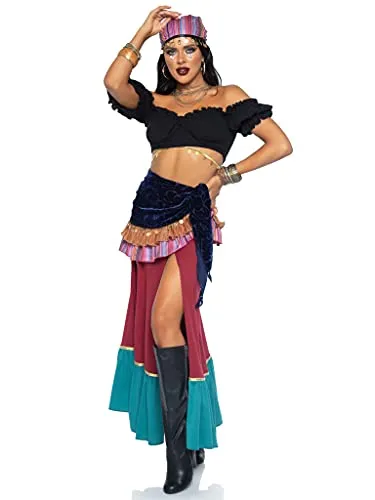 LEG AVENUE Women's 86997 Crystal Ball Beauty Kostüm - 3-tlg. Set für Erwachsene: Crop-Top mit Münzen, geschlitzter Rock & Kopfband, perfekt für Fasching oder Karneval!
