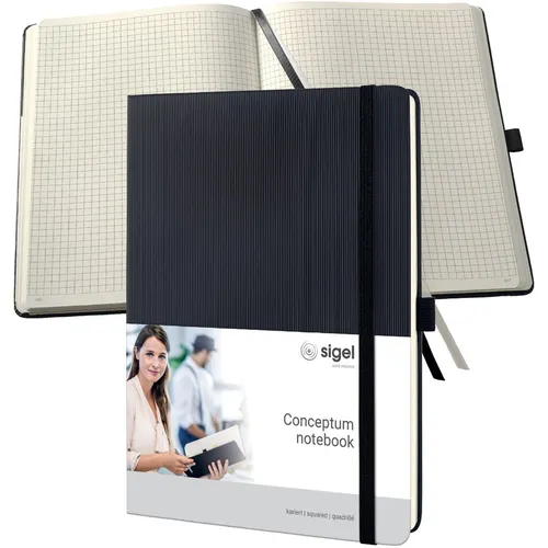 Sigel CO117 Notizbuch B5 kariert schwarz - Das Conceptum Notizbuch bietet 194 nummerierte Seiten in B5-Format, ideal für Notizen. Mit praktischen Extras wie Inhaltsverzeichnis, Stiftschlaufe und stabiler Hardcover-Bindung ist es der perfekte Begleiter für den professionellen Einsatz.