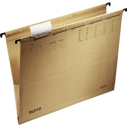 LEITZ 25 Hängetaschen ALPHA 1916 naturbraun - Hängeregistratur Eigenmarken, ideal für die lose Ablage von DIN A4 Unterlagen, stabil und flexibel aus Recycling-Natron-Karton mit kräftigen Metall-Hängeschienen für einfache Handhabung.