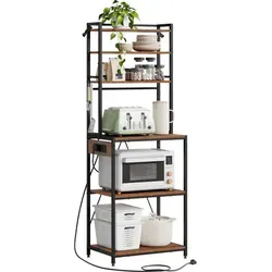 WOLTU 6-stufiges Küchenregal mit Steckdosen, Mikrowellenregal mit 6 Haken, Bäckerregal mit Metallrahmen, verstellbares Regal, Schwarz+Rustikal Braun, 60 x 167 x 40 cm