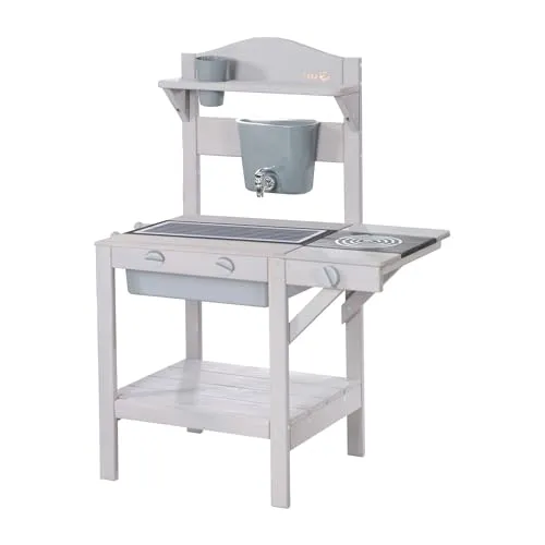 roba Matschküche für Kinder - Wetterfeste Spielküche aus FSC Holz - Küchen-Spielzeugsets mit abnehmbaren Herdplatten und Zubehör für kreatives Rollenspiel im Freien - Fördert Fantasie und soziale Fähigkeiten.