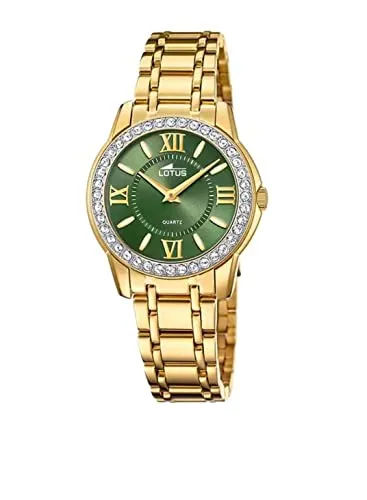 Lotus Damen Armbanduhr 18888/4 - Elegante Armbanduhr aus Edelstahl in Gold-Grün mit Glassteinen, 33mm, 5 Bar wasserdicht – perfekt für den täglichen Gebrauch und stilvolle Akzente.