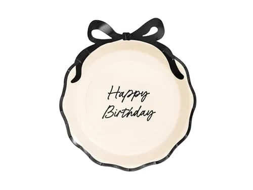 Pappteller Happy Birthday 24cm mit Schleife 6er Set - Partyteller Einwegteller plastikfrei - Partygeschirr Geburtstag - Partydeko Tischdeko & Partyzubehör - Ivory Schwarz