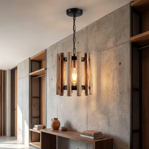 Pendelleuchte Holz Metall E27 21 cm – Retro Design in Schwarz und Kupfer - Elegante Pendelleuchte mit flammendem Holzschirm für stilvolle Akzente. Ideal für Küche und Esszimmer, sorgt sie für eine großzügige Lichtstreuung und passt sich jedem Einrichtungsstil an.