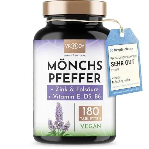 Mönchspfeffer Plus - hochdosierter Preis-Leistungs-Sieger - 180 kleine Tabletten + Folsäure, Zink, Vitamin E, D3, Calcium & B6 trägt zur Regulierung der Hormontätigkeit bei - frei von Zusätzen